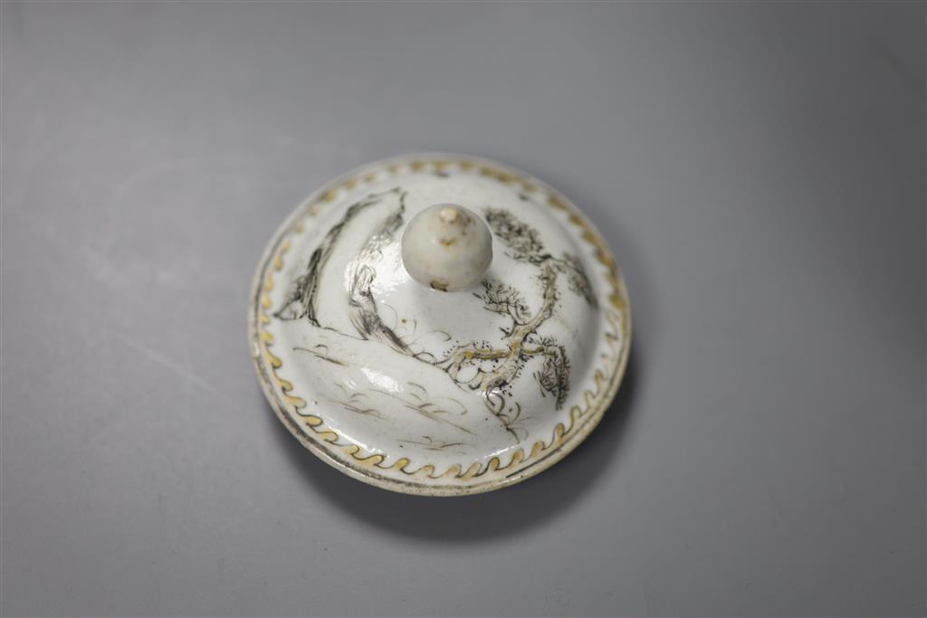 A Chinese grisaille teapot, 14cm high tea caddy and cover and a coffee cup and saucer, Qianlong period